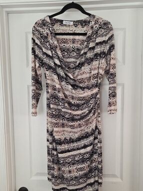 Calvin Klein Black and Pink Patterned Long-Sleeve Wrap Dress